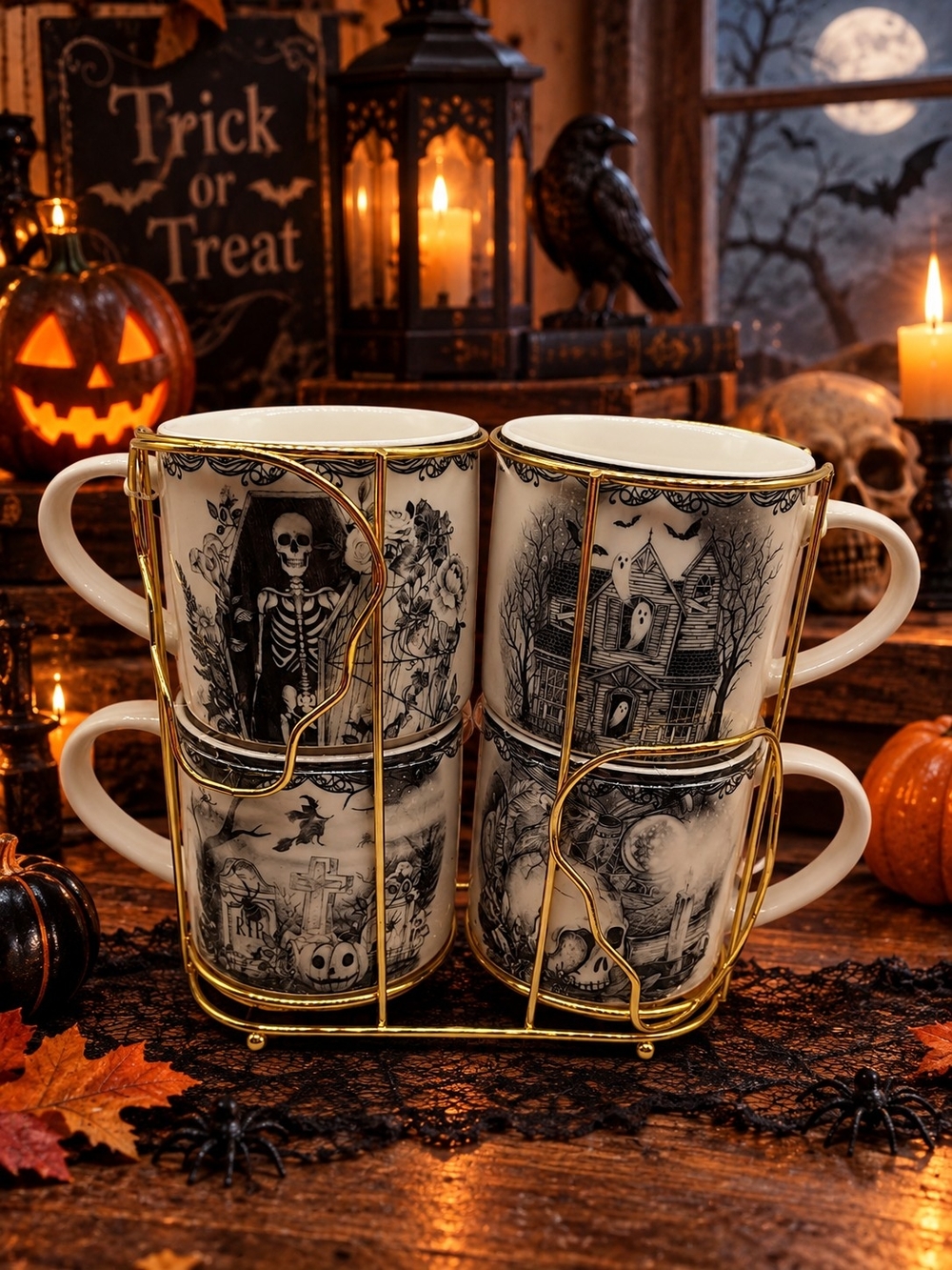 Eaton Fine Dining Halloween Black & White Mug Set with Gold Rack